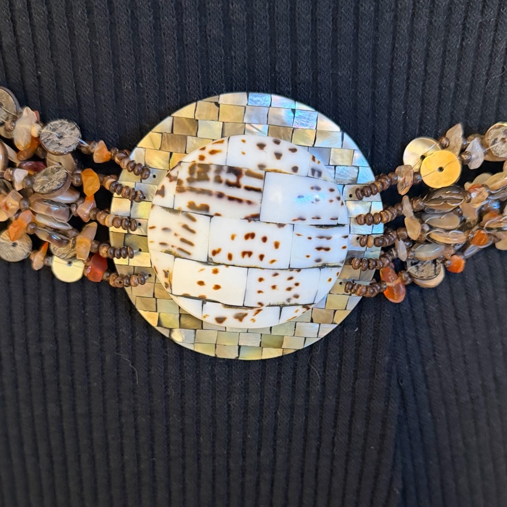 Chico’s Mother of Pearl Shell Brown Beaded Chain Adjustable Statement Belt